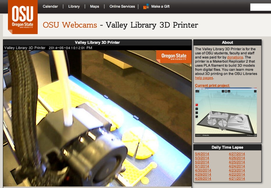 screenshot of the Oregon State University webcam showing the library's 3-D printer