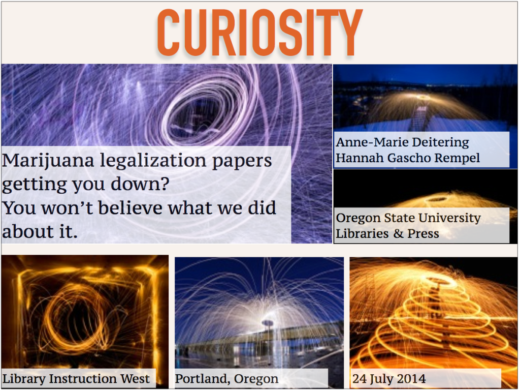 Title slide for a presentation. The word curiosity is displayed across the top. Several images of sparks are below.