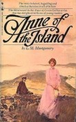 book cover with the image of a young man in a brown suit seated on a rock wall, looking at a red-haired woman who is looking away from him, with the title Anne of the Island